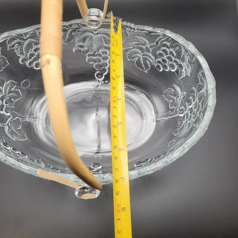 Vintage Aderia Clear Glass Basket With Fruit Grapes Wooden Handle Made In Japan